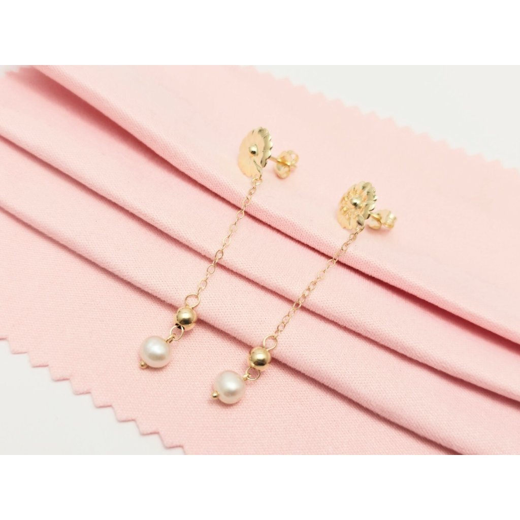 Unique 14k Solid Yellow Gold Designer Drop Dangle Bead Ball Pearl Stud Earrings